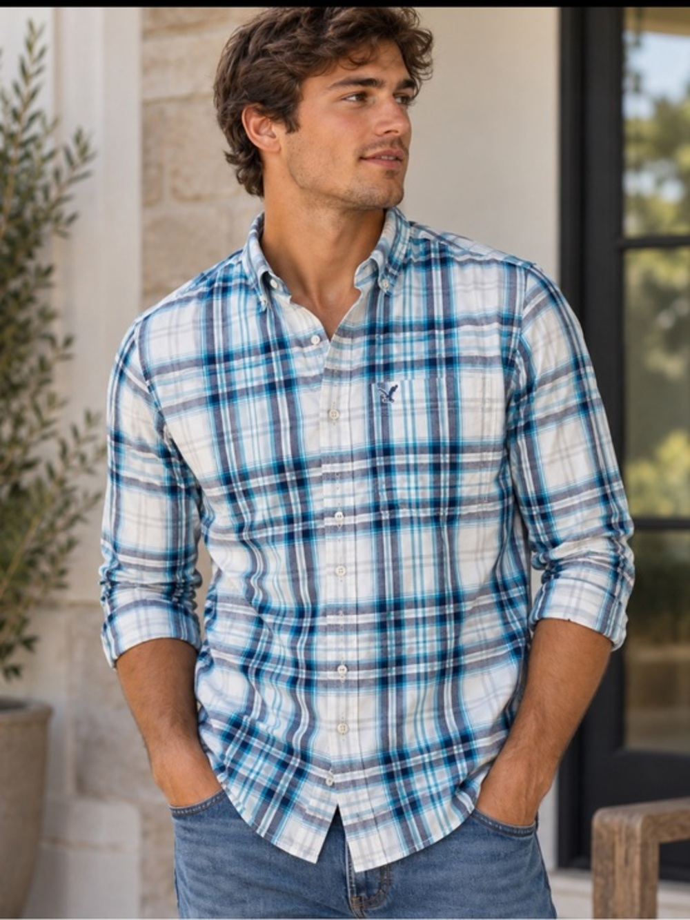 American Eagle Prep Fit Plaid Button Up Shirt Size L Blue White